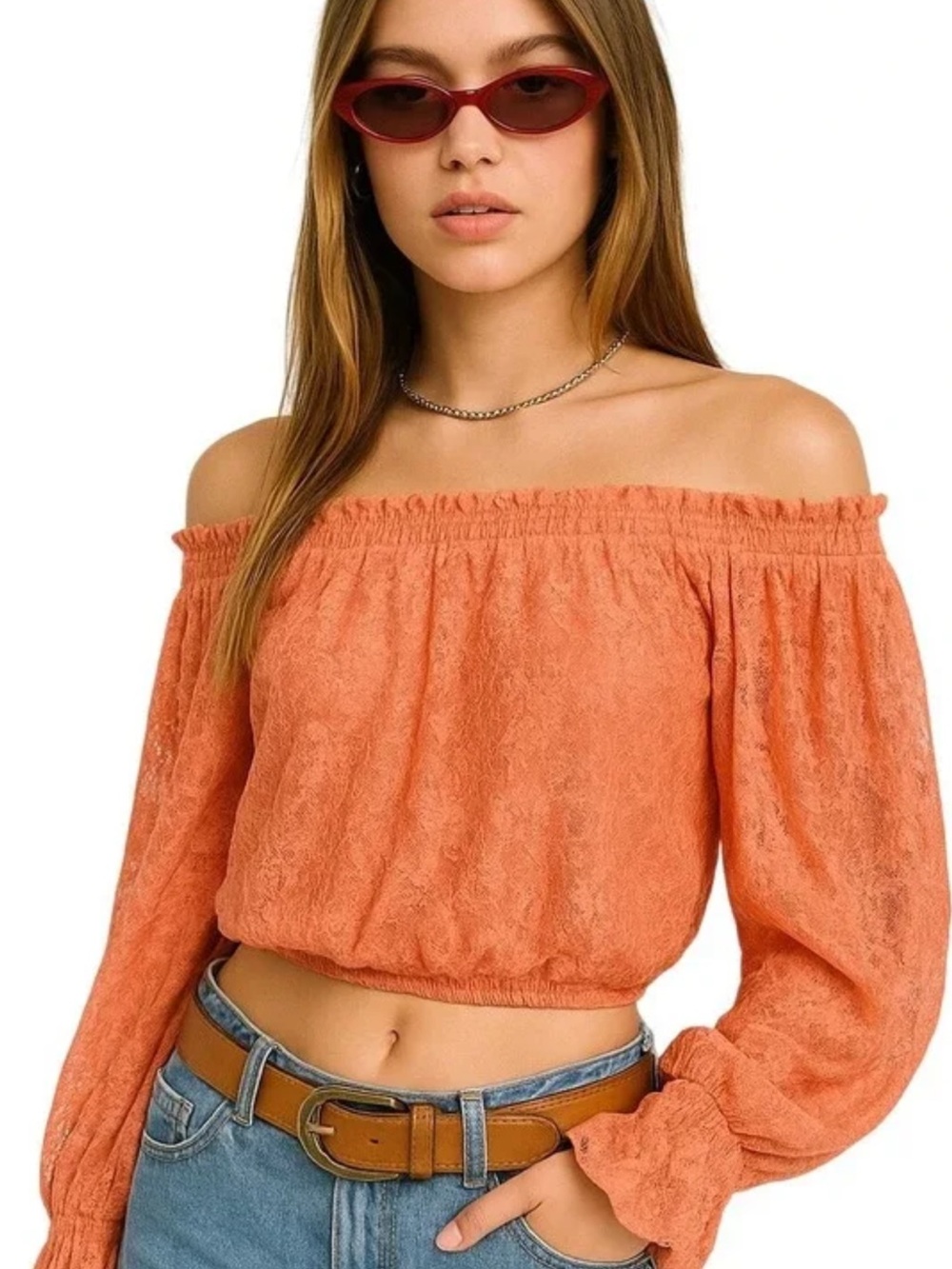 Free People Off-Shoulder Lace Crop Top in Rust Orange